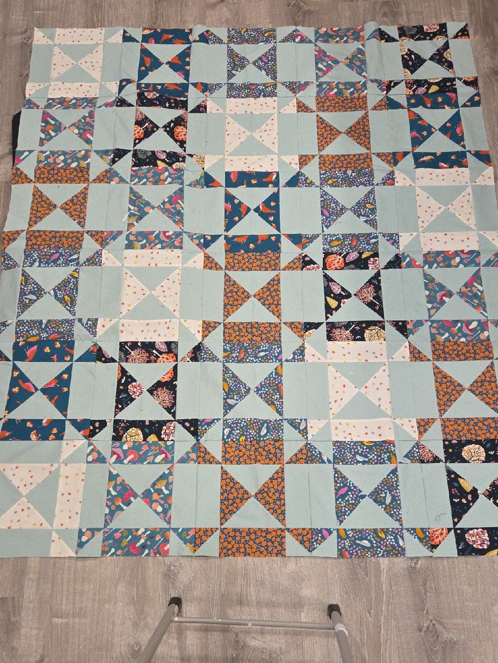 "Faceted" Handmade Patchwork Quilt Top in Aqua, Orange, Teal. Top Only.